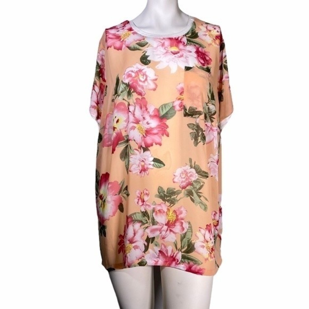 Woman Within Round Neck Short Sleeves Pink Orange Floral Sheer Top Tunic Large